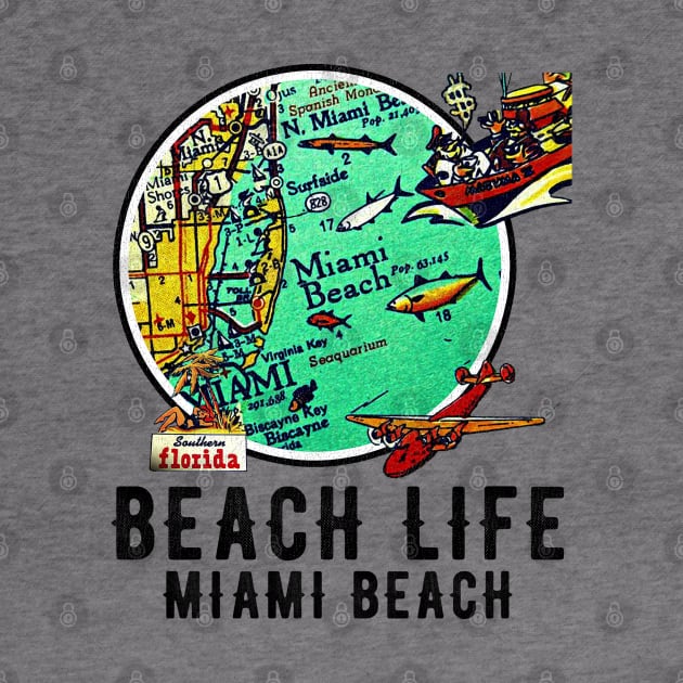 Miami Beach Florida Beach Life Distressed Vintage Old Map by Joaddo